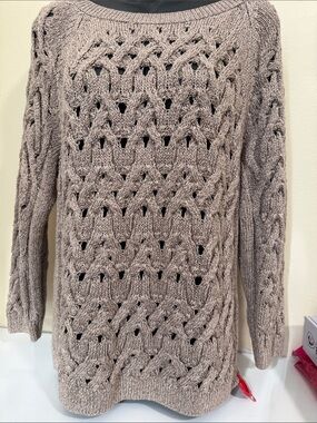 Sandro Open-Knit Cable Scoop-Neck Sweater in Taupe